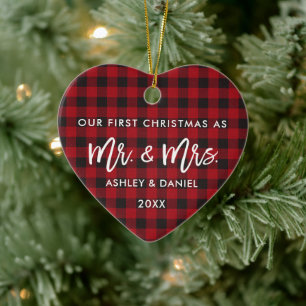 Brush Script Red Plaid First Christmas Mr. Mrs. Ceramic Ornament