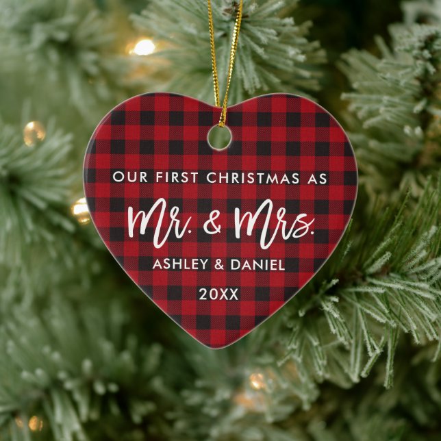 Brush Script Red Plaid First Christmas Mr. Mrs. Ceramic Ornament (Tree)