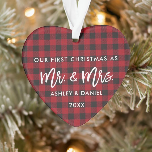 Brush Script Red Plaid First Christmas Mr. Mrs. Ornament (Tree)