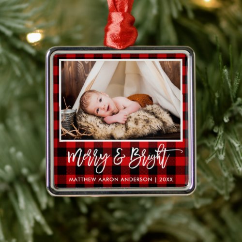 Brush Script Red Plaid Merry and Bright Baby Metal Ornament