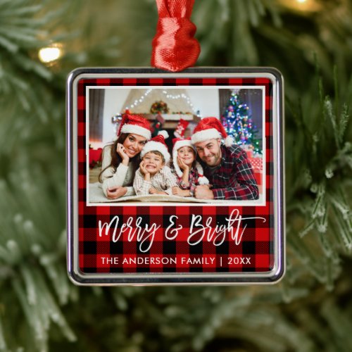 Brush Script Red Plaid Merry and Bright Family Metal Ornament
