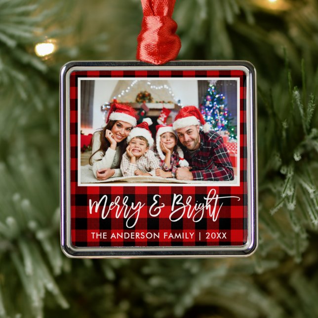Brush Script Red Plaid Merry and Bright Family Metal Ornament (Tree)