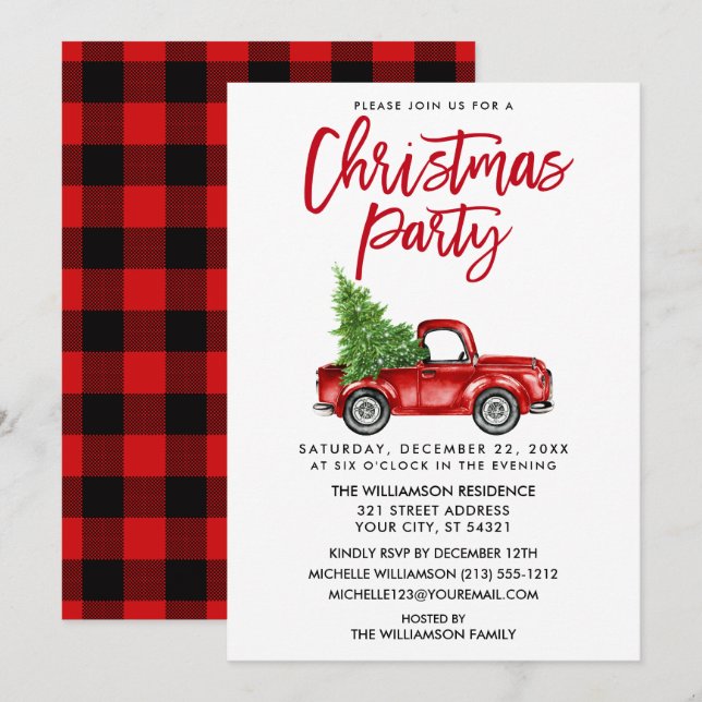 Brush Script Red Plaid Truck Christmas Party Invitation (Front/Back)