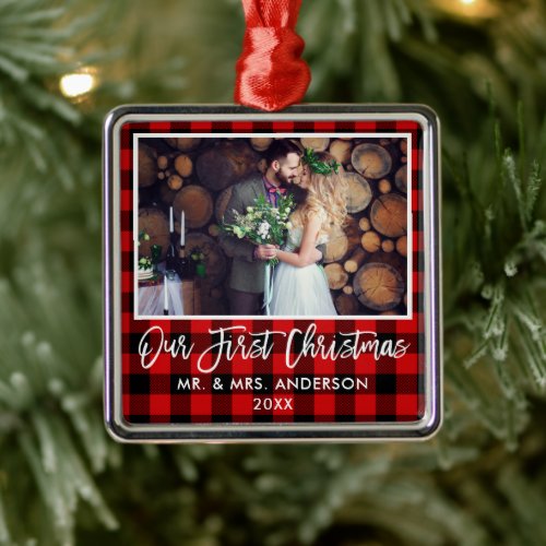 Brush Script Red Plaid Wedding First Christmas Metal Ornament