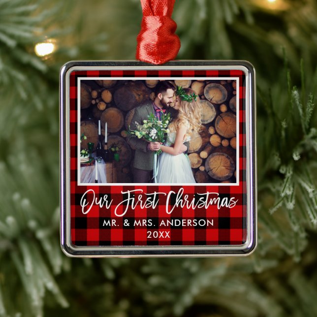 Brush Script Red Plaid Wedding First Christmas Metal Ornament (Tree)