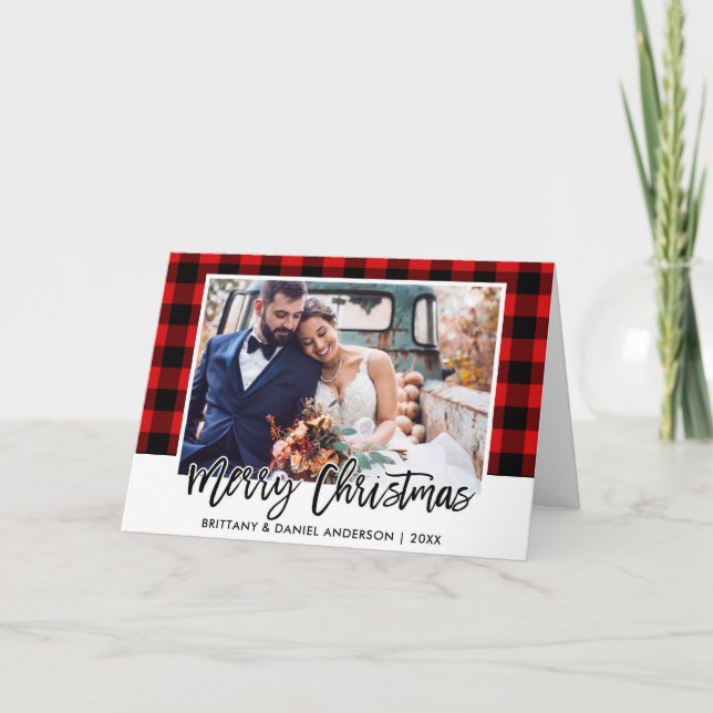Brush Script Red Plaid Wedding Photo Christmas Holiday Card (Front)