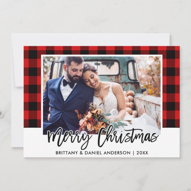 Brush Script Red Plaid Wedding Photo Christmas Holiday Card (Front)