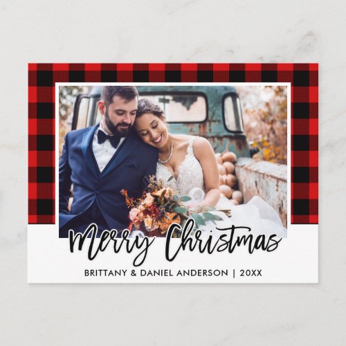 Brush Script Red Plaid Wedding Photo Christmas Postcard