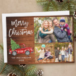 Brush Script Red Truck 3 Photo Christmas Wood Holiday Card<br><div class="desc">Modern Brush Script Watercolor Vintage Red Truck with Christmas Tree - Merry Christmas Family 3 Photo Card - Rustic Country Wood</div>