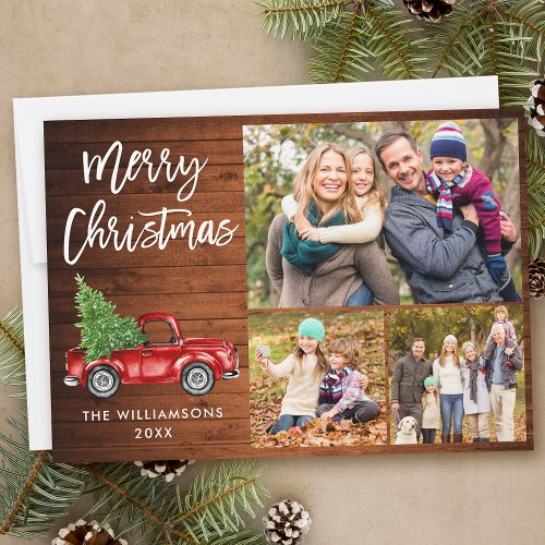 Brush Script Red Truck 3 Photo Christmas Wood Holiday Card