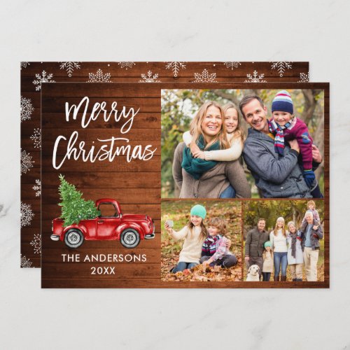 Brush Script Red Truck 3 Photo Wood Snowflakes Holiday Card