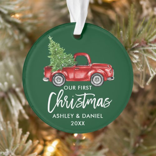 Brush Script Red Truck First Christmas Green Ornament