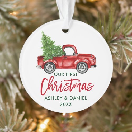 Brush Script Red Truck First Christmas Ornament