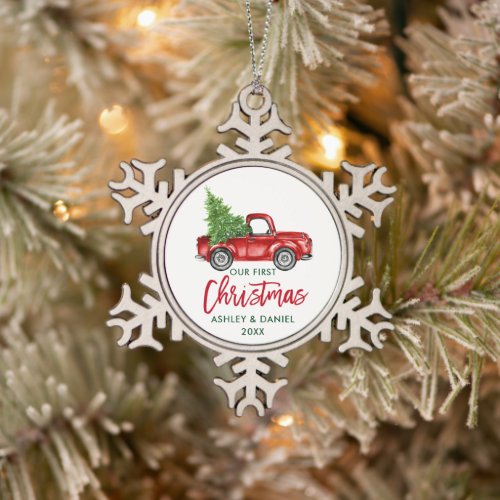 Brush Script Red Truck First Christmas Snowflake Pewter Christmas Ornament