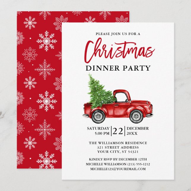 Brush Script Red Truck Snowflakes Christmas Party Invitation (Front/Back)