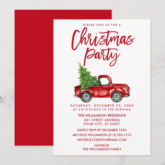 Brush Script Red Vintage Truck Christmas Party Invitation (Front/Back)