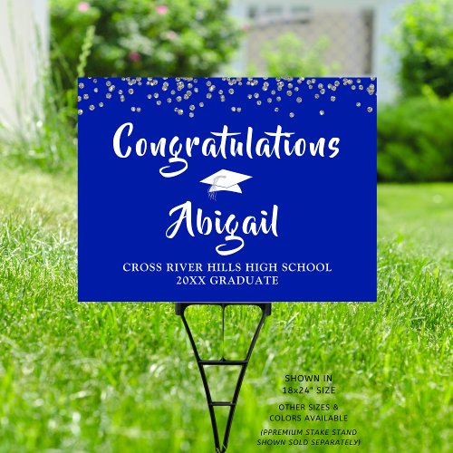 Brush Script Royal Blue Silver Confetti Graduation Sign