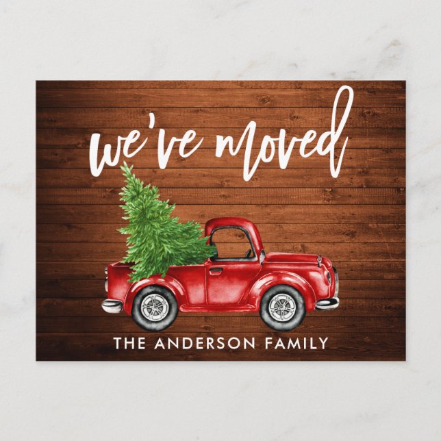 Brush Script Rustic Address Change Red Truck Tree Postcard (Front)