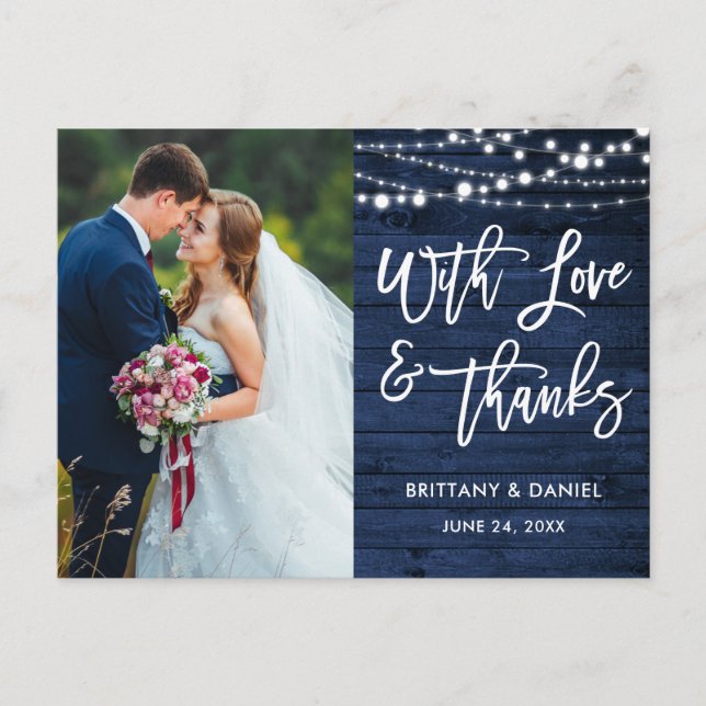 Brush Script Rustic Blue Wood Love Thanks Wedding Postcard (Front)