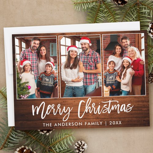 Brush Script Rustic Wood 3 Photo Christmas Holiday Card