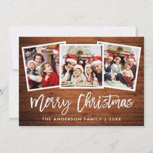 Brush Script Rustic Wood 3 Photo Christmas Star Holiday Card
