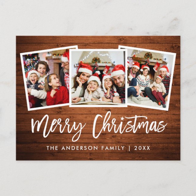 Brush Script Rustic Wood 3 Photo Christmas Star Postcard (Front)