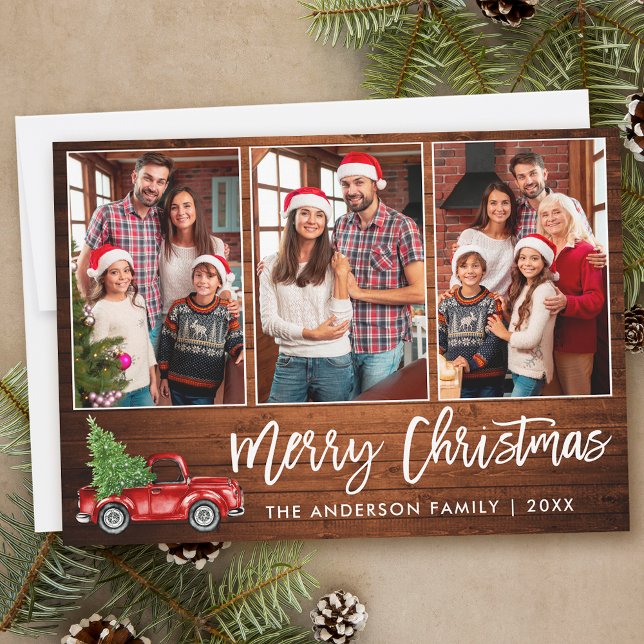 Brush Script Rustic Wood 3 Photo Christmas Truck Holiday Card (Customize to add text to back of card.)