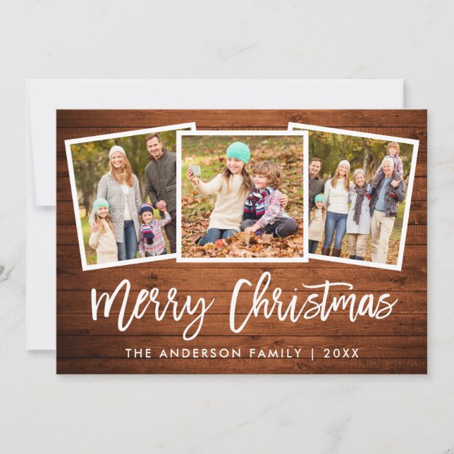Brush Script Rustic Wood 3 Photo Family Christmas Holiday Card (Front)