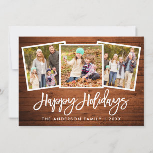 Brush Script Rustic Wood 3 Photo Family Holiday Card