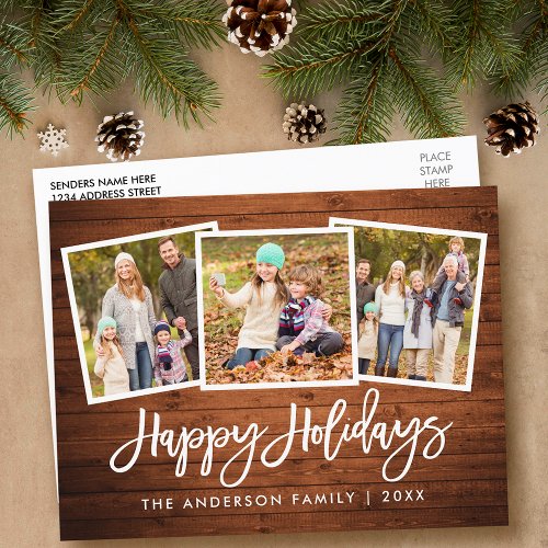Brush Script Rustic Wood 3 Photo Family Holiday Postcard