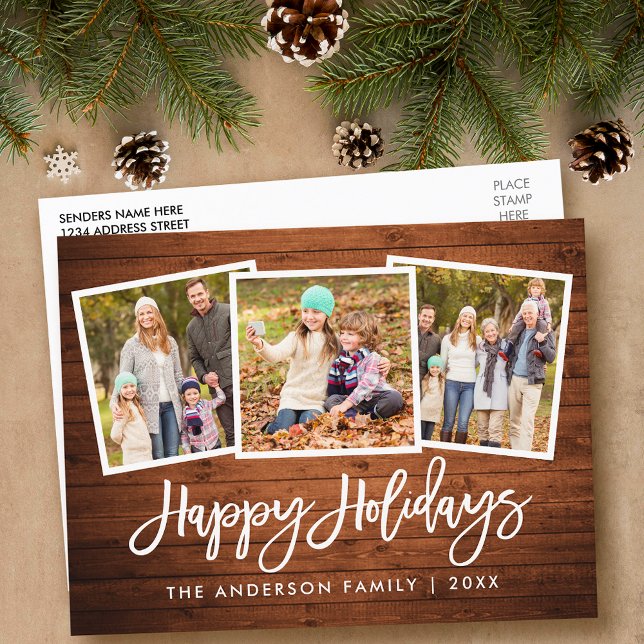 Brush Script Rustic Wood 3 Photo Family Holiday Postcard (Customize to change your personalized text size or text style.)