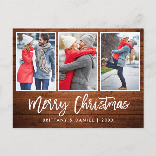 Brush Script Rustic Wood Christmas 3 Photo Postcard (Front)