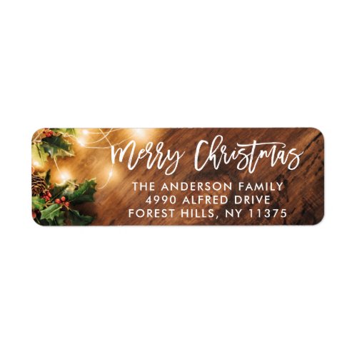 Brush Script Rustic Wood Christmas String Lights Label