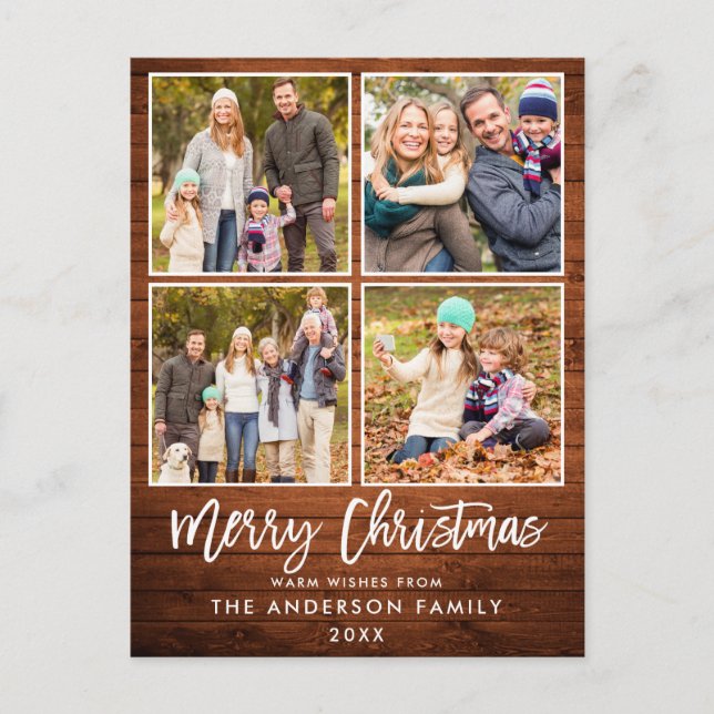 Brush Script Rustic Wood Family 4 Photo Christmas Postcard (Front)