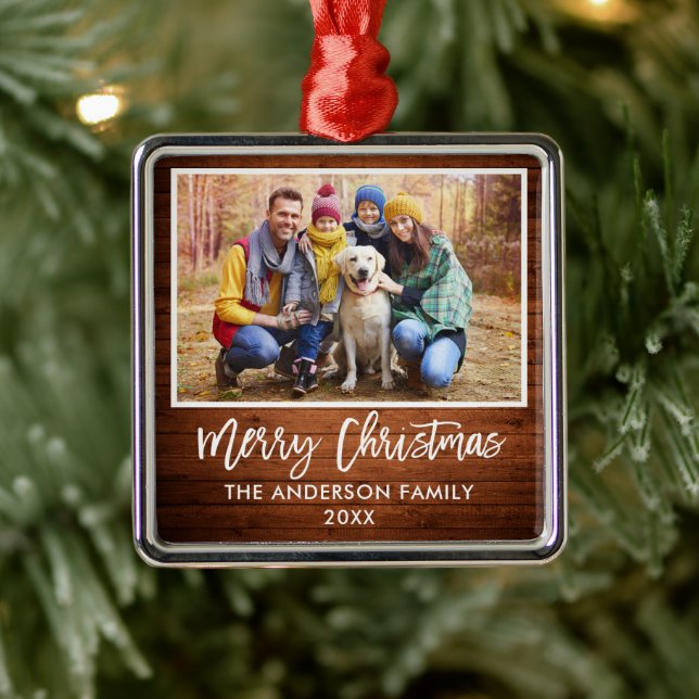 Brush Script Rustic Wood Family Merry Christmas Metal Ornament (Tree)
