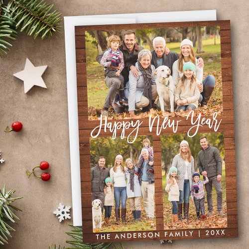 Brush Script Rustic Wood Happy New Year Photo Holiday Card