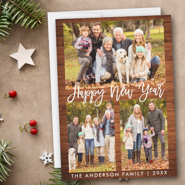 Brush Script Rustic Wood Happy New Year Photo Holiday Card (Customize to add text to back of card.)