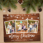 Brush Script Rustic Wood Lights 3 Photo Christmas Postcard<br><div class="desc">Rustic Wood Brush Script 3 Photo Family Merry Christmas Card with String Lights</div>