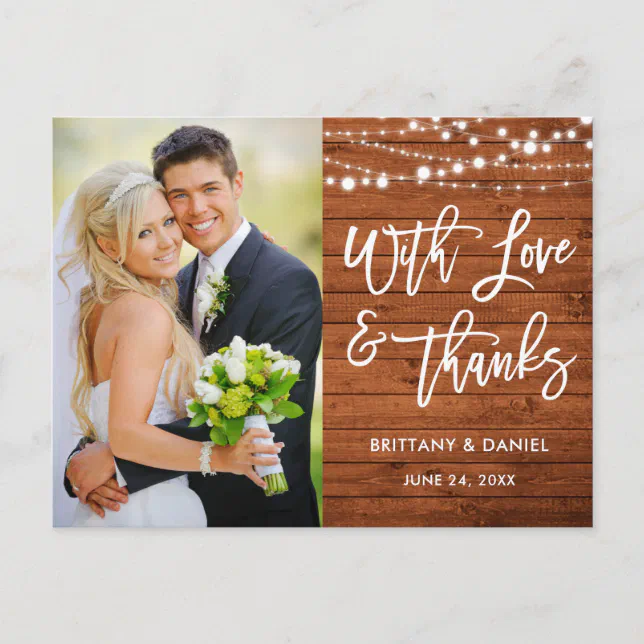 Brush Script Rustic Wood Love and Thanks Wedding Postcard | Zazzle