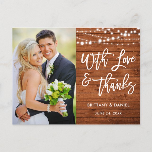 Brush Script Rustic Wood Love and Thanks Wedding Postcard (Front)