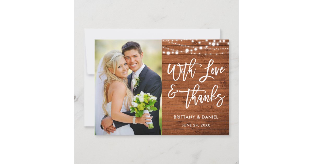 Brush Script Rustic Wood Love and Thanks Wedding Thank You Card | Zazzle