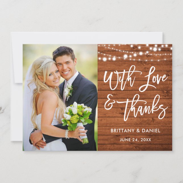 Brush Script Rustic Wood Love and Thanks Wedding Thank You Card (Front)