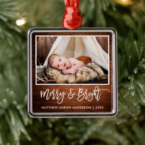 Brush Script Rustic Wood Merry and Bright Baby Metal Ornament