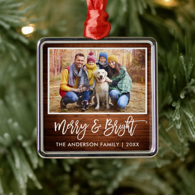 Brush Script Rustic Wood Merry and Bright Family Metal Ornament (Tree)