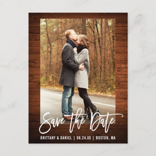 Brush Script Rustic Wood Photo Save The Date Postcard