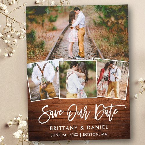 Brush Script Rustic Wood Save Our Date 4 Photo Postcard