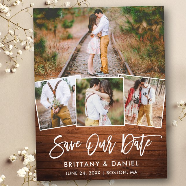 Brush Script Rustic Wood Save Our Date 4 Photo Postcard (Customize to change your personalized text size or text style.)