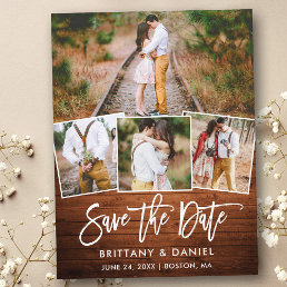 Brush Script Rustic Wood Save The Date 4 Photo Postcard