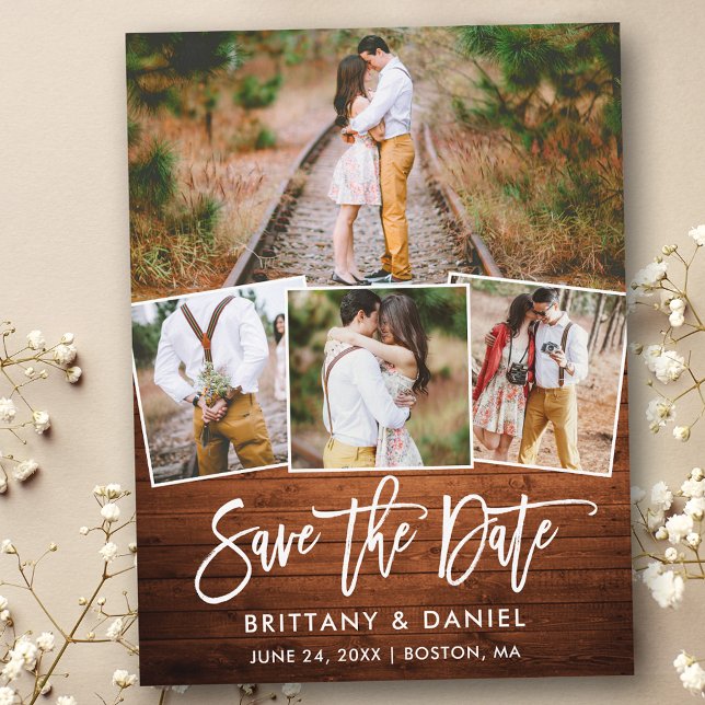 Brush Script Rustic Wood Save The Date 4 Photo Postcard (Customize to change your personalized text size or text style.)