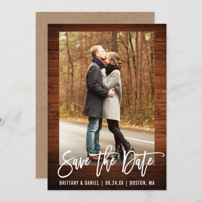Brush Script Rustic Wood Save The Date Kraft Card (Front/Back)